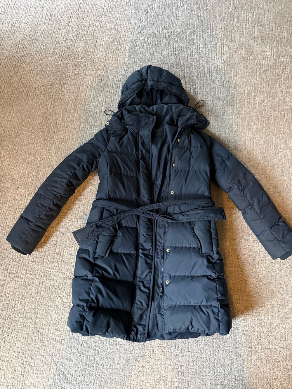 J. Crew Navy Quilted Belted Puffer Coat with Hood